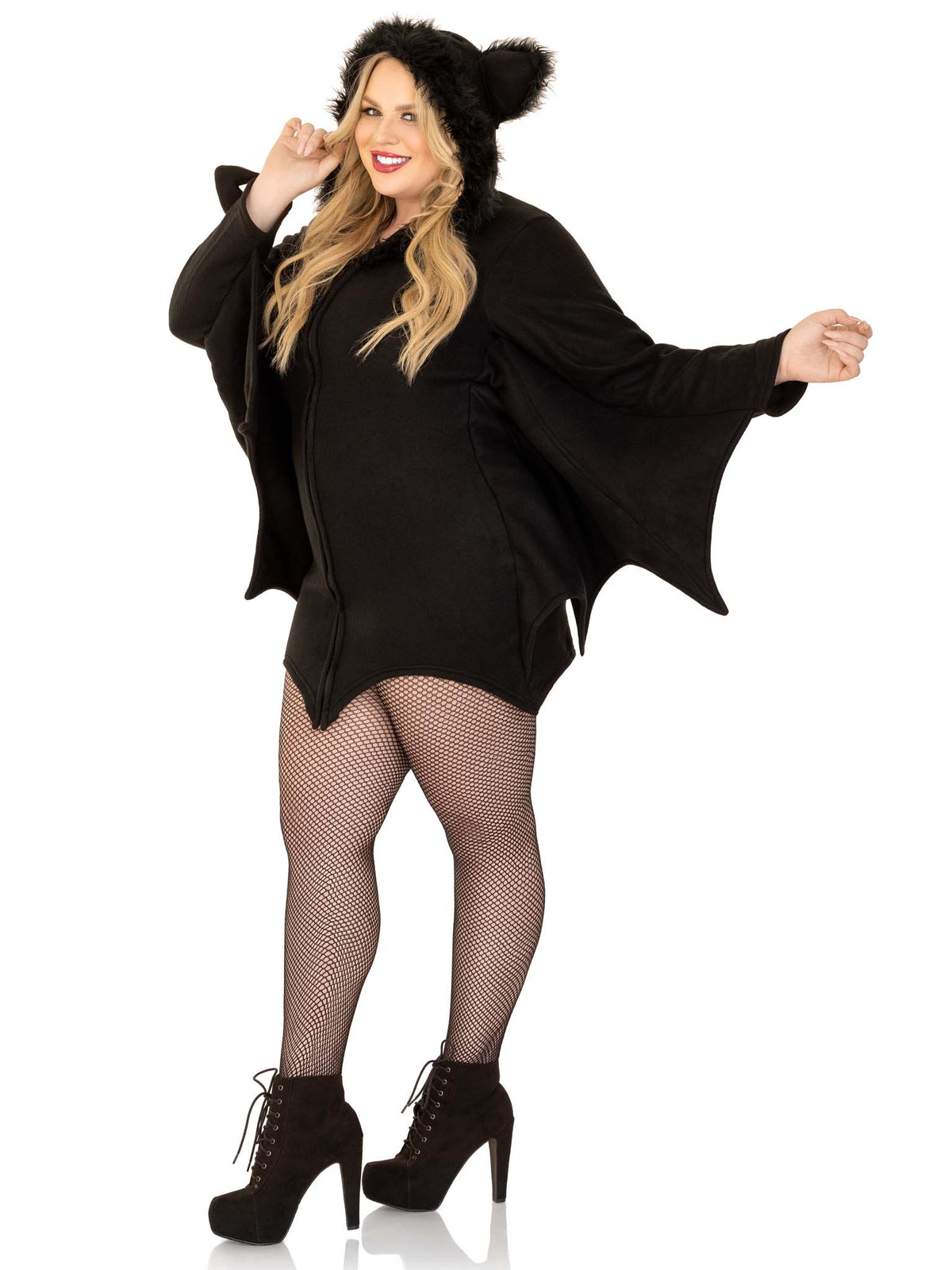 Plus Size 1 PC Cozy Bat Costume, Includes Zipper Front Fleece Dress with Awesome Bat Wing Sleeves and Furry Ear Hood