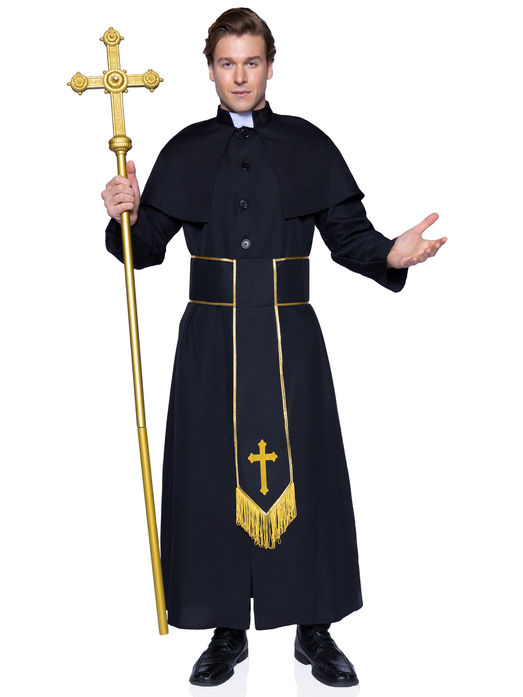 Men's 2 PC Priest Costume, Includes Robe with Attached Cape and Cross Belt