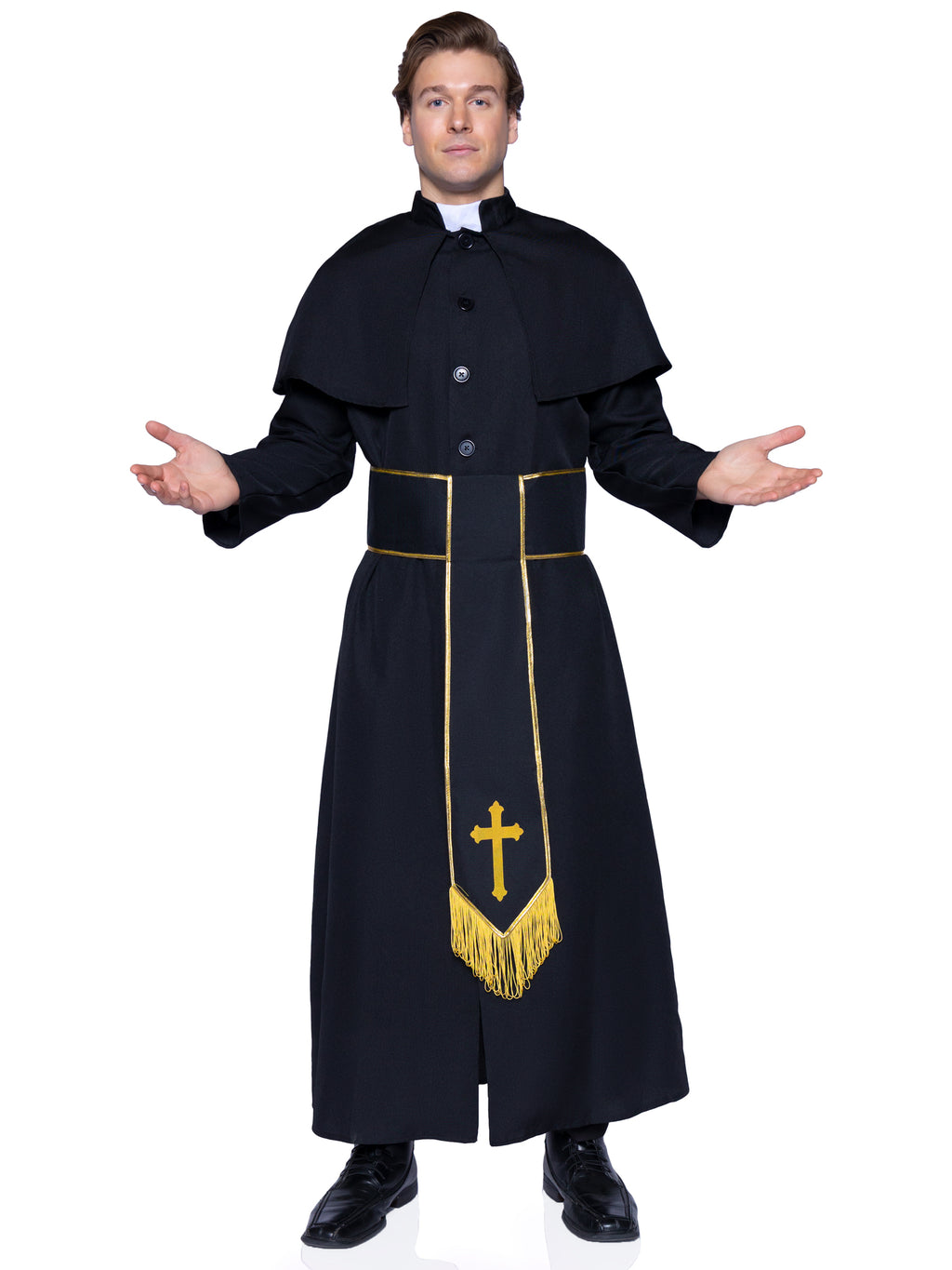 Men's 2 PC Priest Costume, Includes Robe with Attached Cape and Cross Belt