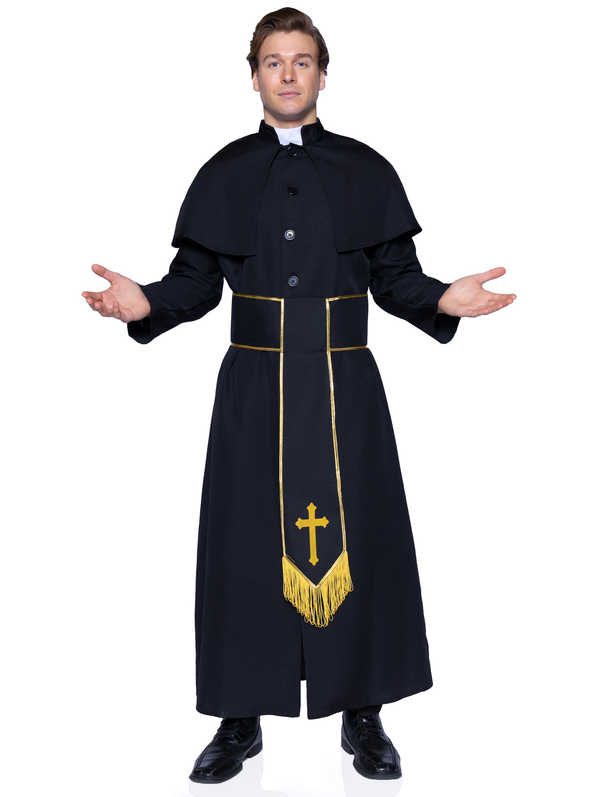 Men's 2 PC Priest Costume, Includes Robe with Attached Cape and Cross Belt
