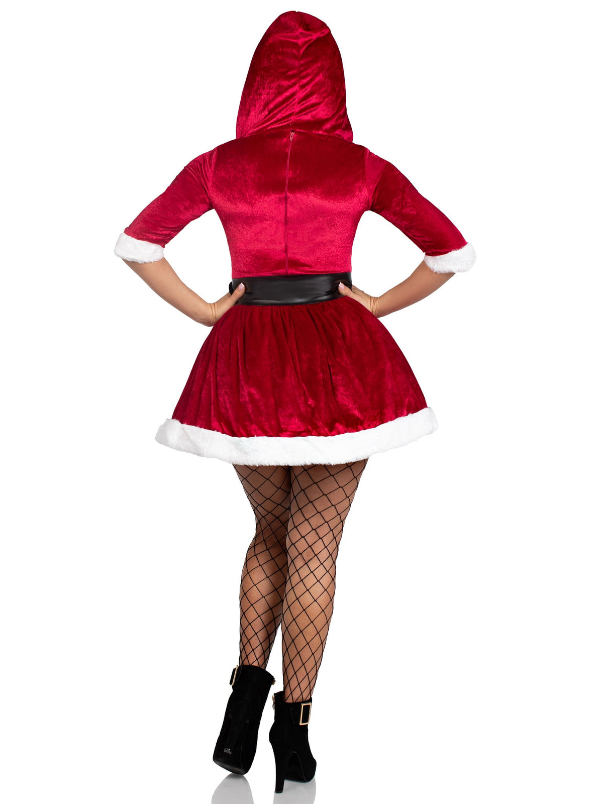 2 PC Mrs. Claus Costume, Includes Velvet Hooded Dress with Faux Fur Trim and Oversized Belt