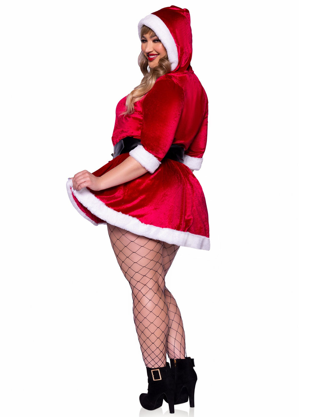 Plus Size 2 PC Mrs. Claus Costume, Includes Velvet Hooded Dress with Faux Fur Trim and Oversized Belt