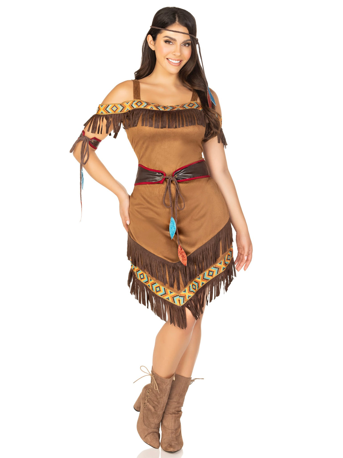 4 PC Native Princess Costume, Includes Ribbon Trimmed Dress with Fringe Accents, Belt with Leaf Ties, Leaf Arm Band, and Headband