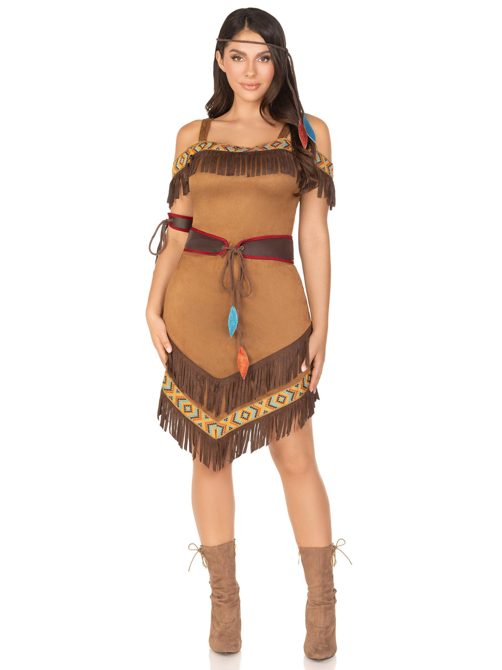 4 PC Native Princess Costume, Includes Ribbon Trimmed Dress with Fringe Accents, Belt with Leaf Ties, Leaf Arm Band, and Headband