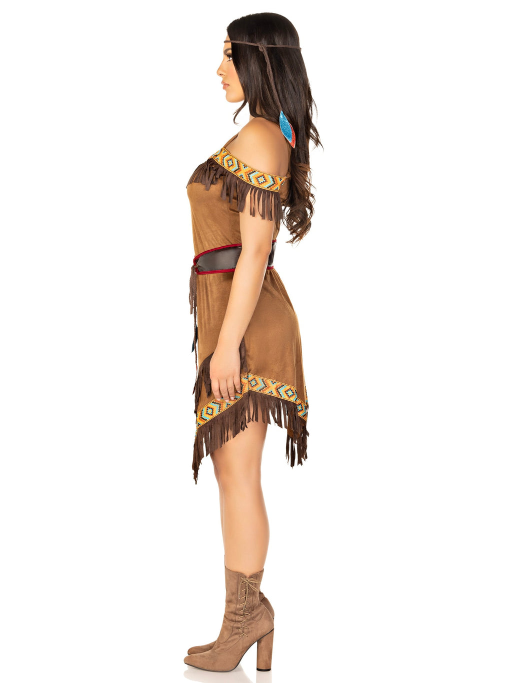4 PC Native Princess Costume, Includes Ribbon Trimmed Dress with Fringe Accents, Belt with Leaf Ties, Leaf Arm Band, and Headband
