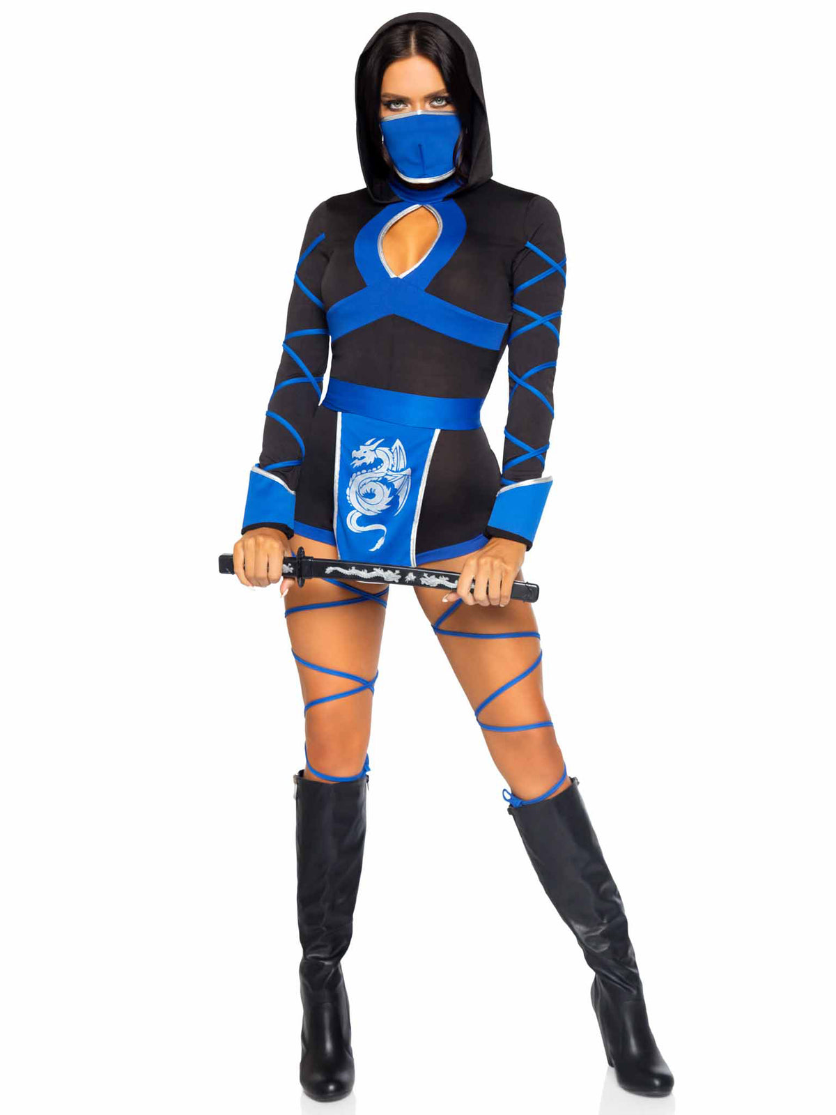 3 PC Dragon Ninja Costume, Includes Hooded Romper with Keyhole Cut-Out, Dragon Print Waist Sash, and Face Mask