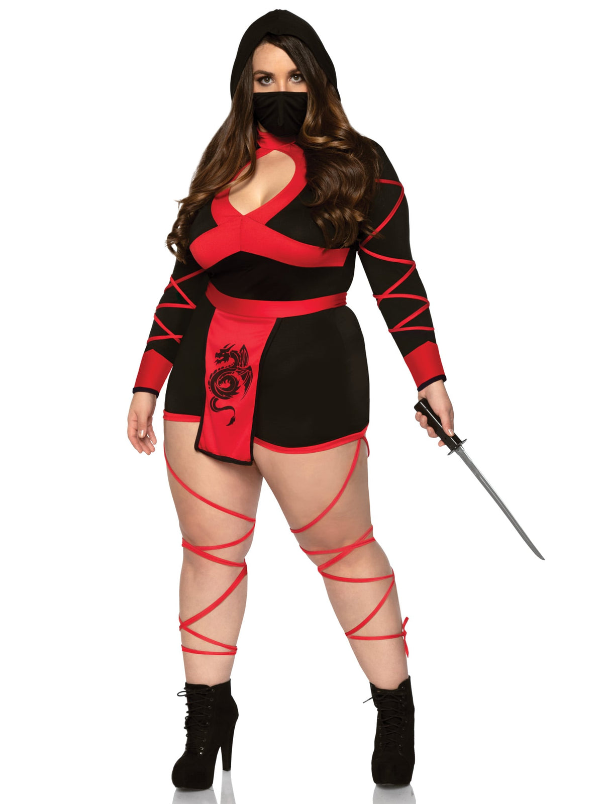 Plus Size 3 PC Dragon Ninja Costume, Includes Hooded Romper with Keyhole Cut-Out, Dragon Print Waist Sash, and Face Mask