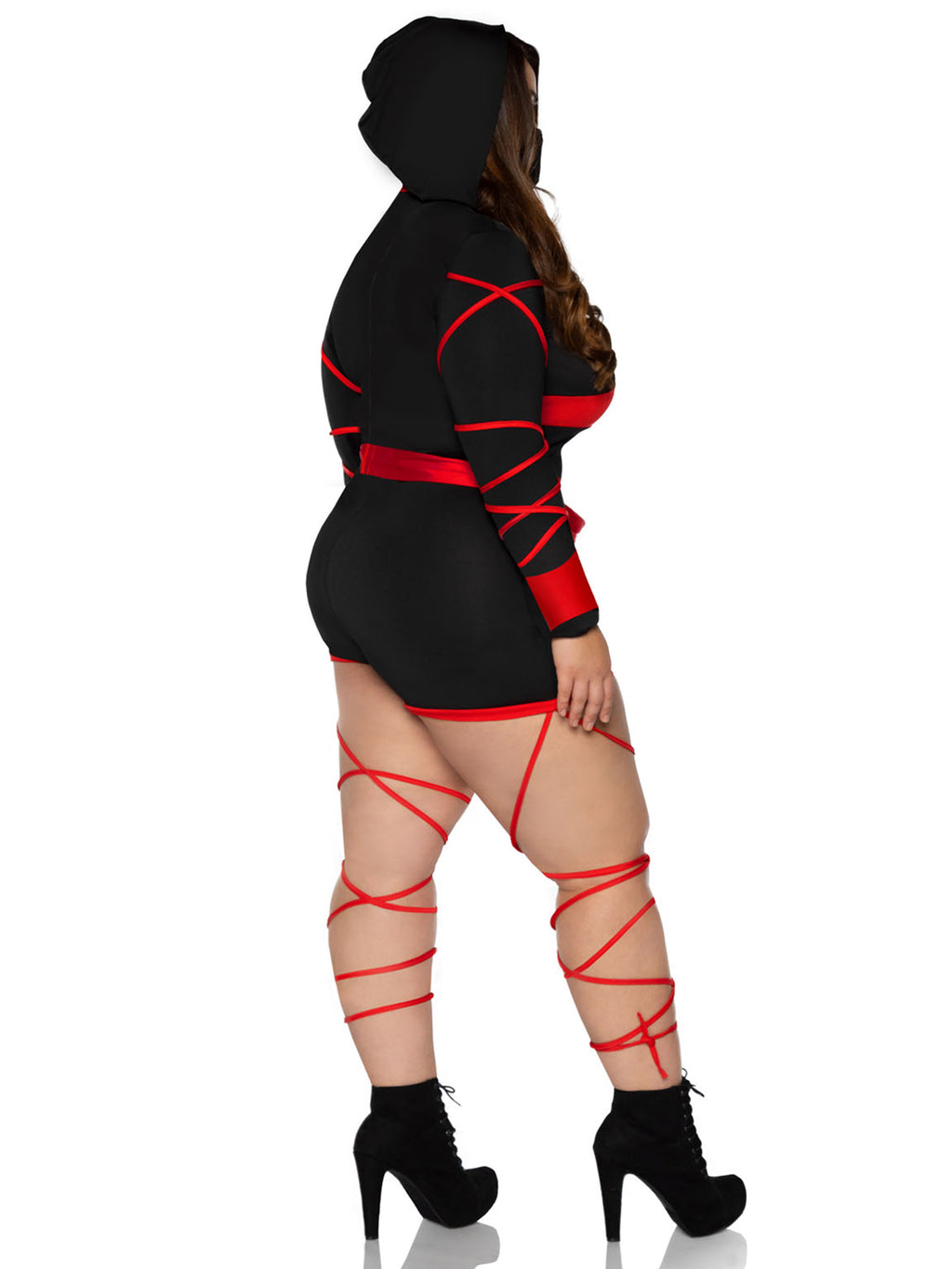 Plus Size 3 PC Dragon Ninja Costume, Includes Hooded Romper with Keyhole Cut-Out, Dragon Print Waist Sash, and Face Mask