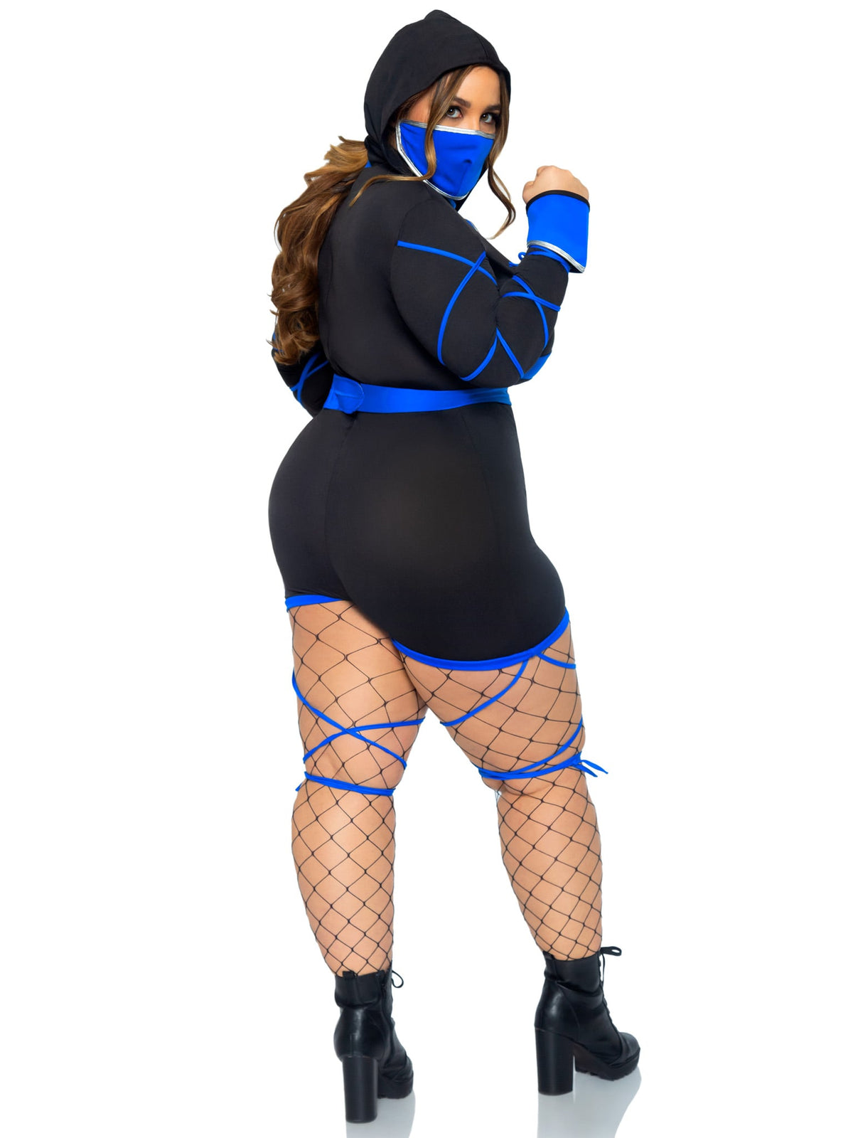 Plus Size 3 PC Dragon Ninja Costume, Includes Hooded Romper with Keyhole Cut-Out, Dragon Print Waist Sash, and Face Mask