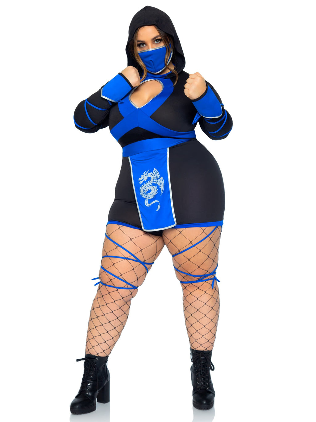 Plus Size 3 PC Dragon Ninja Costume, Includes Hooded Romper with Keyhole Cut-Out, Dragon Print Waist Sash, and Face Mask