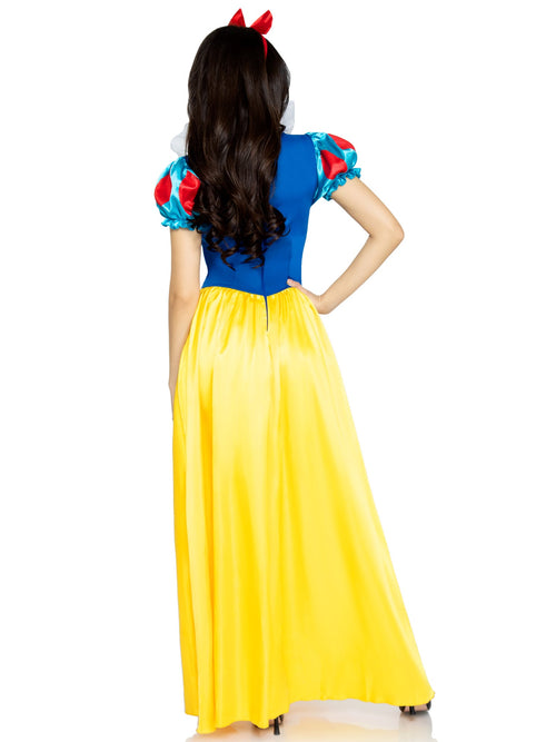 2 PC Classic Snow White Costume, Includes Long Dress with Lace Up Bodice Accent and Bow Headband
