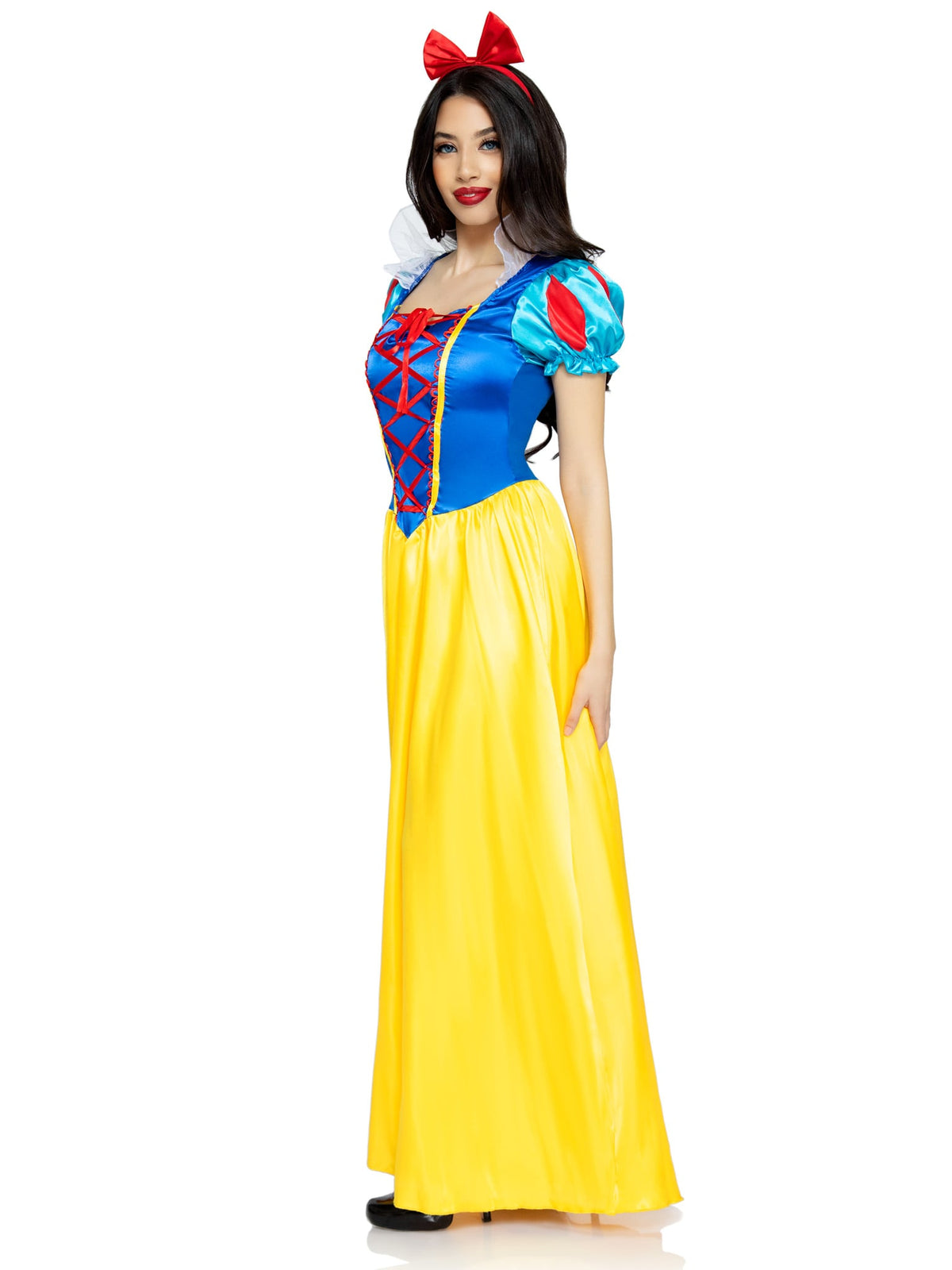 2 PC Classic Snow White Costume, Includes Long Dress with Lace Up Bodice Accent and Bow Headband