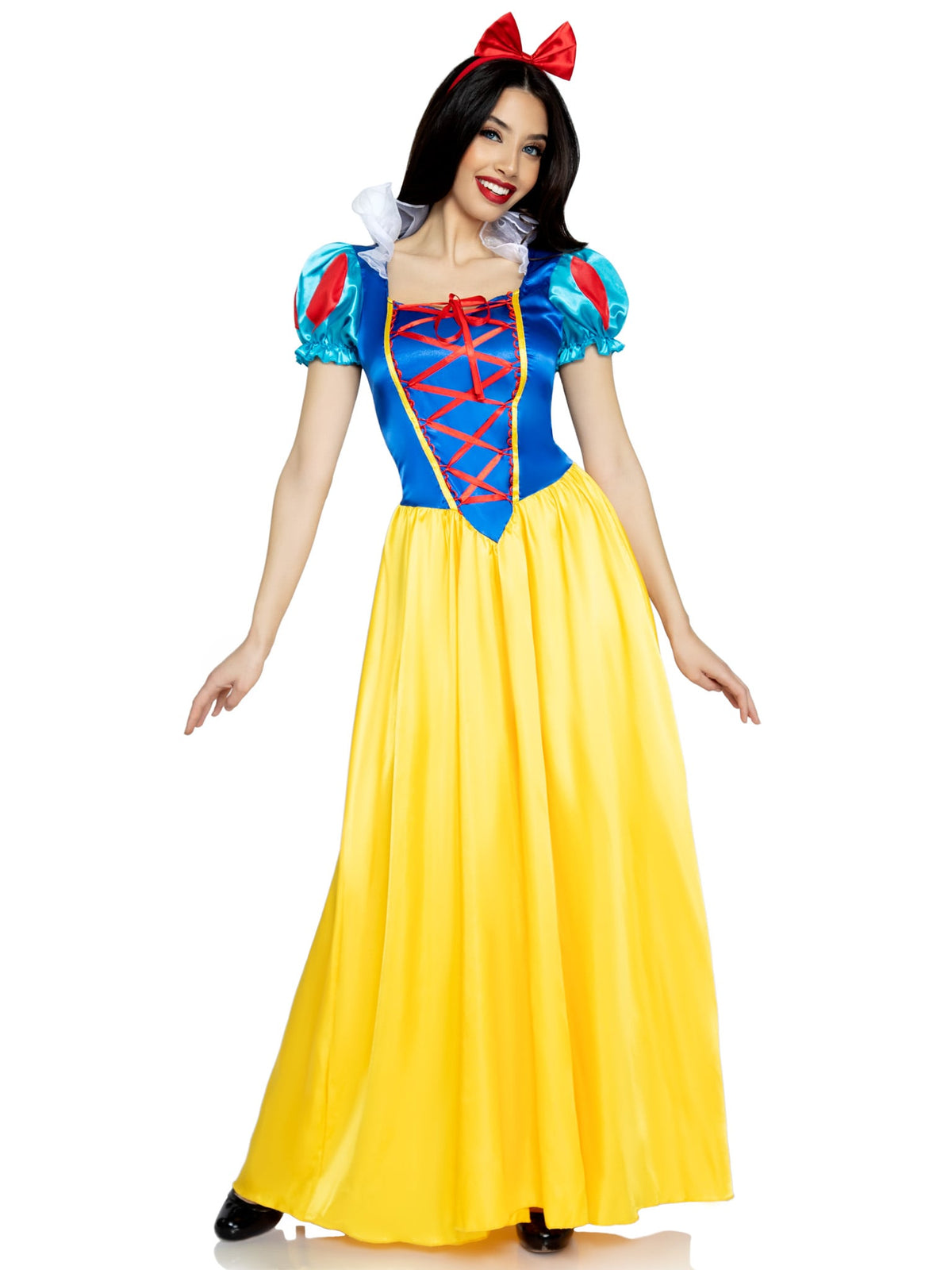 2 PC Classic Snow White Costume, Includes Long Dress with Lace Up Bodice Accent and Bow Headband