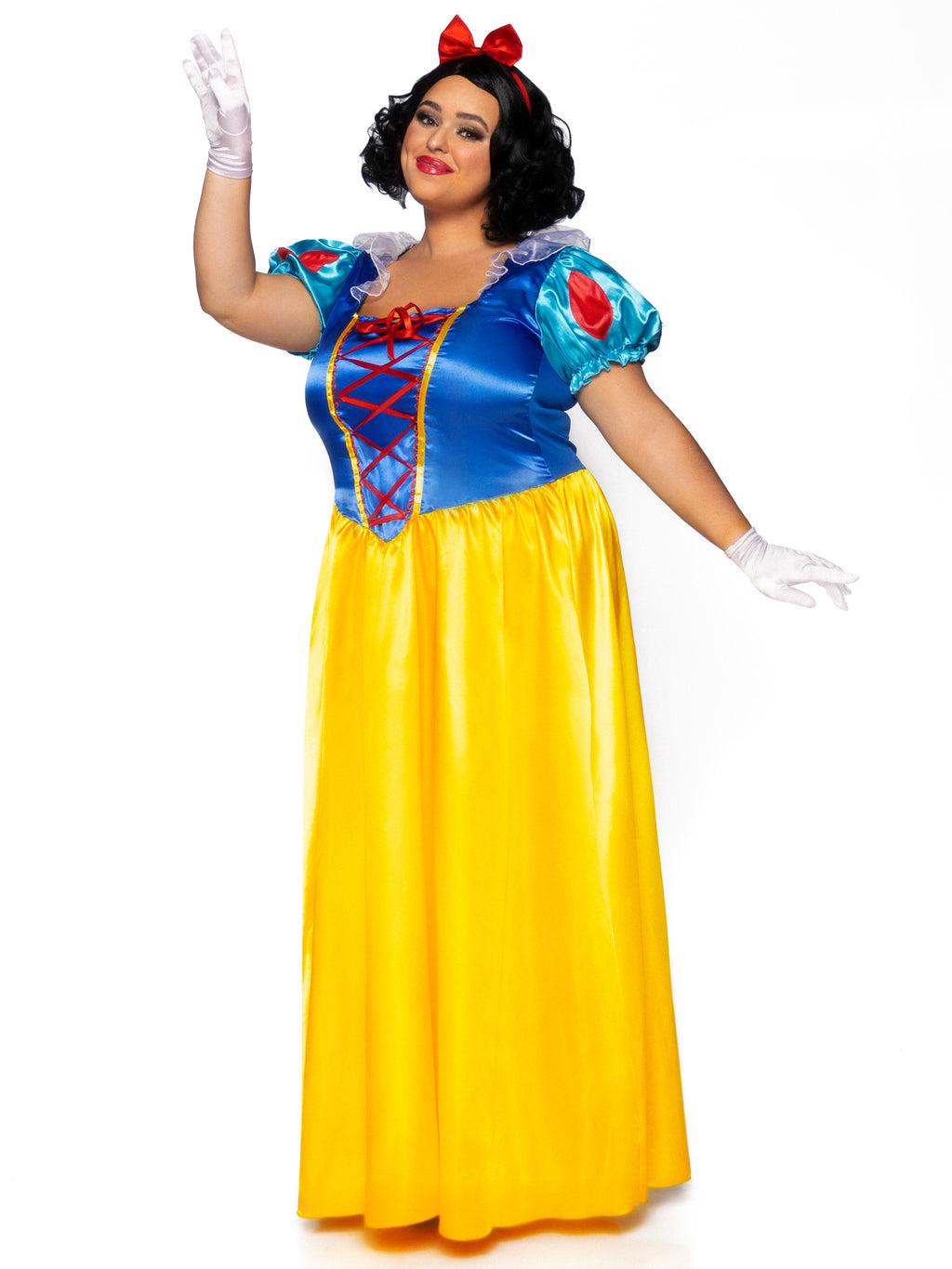 Plus Size 2 PC Classic Snow White Costume, Includes Long Dress with Lace Up Bodice Accent and Bow Headband