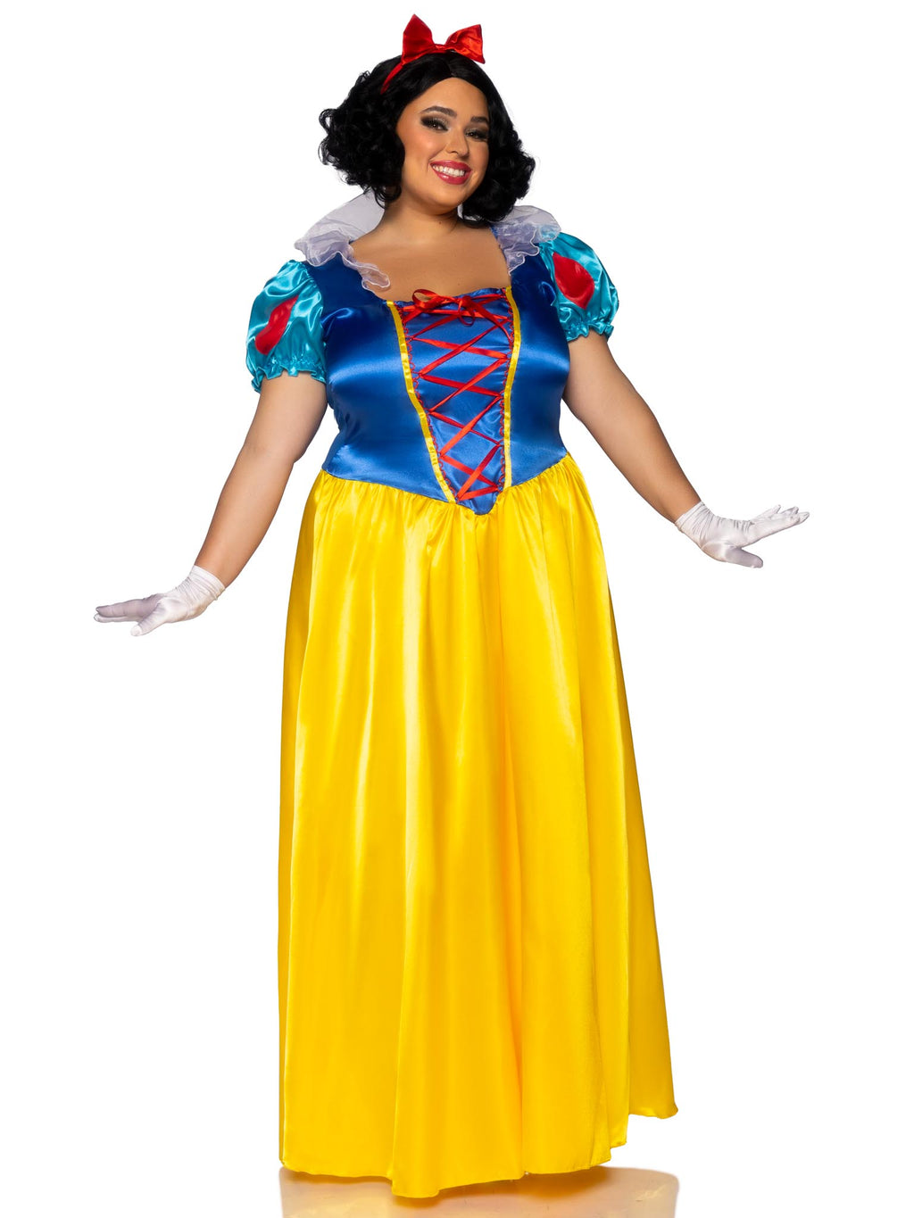 Plus Size 2 PC Classic Snow White Costume, Includes Long Dress with Lace Up Bodice Accent and Bow Headband
