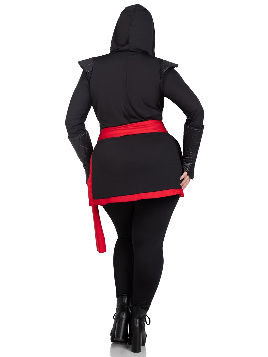 Plus Size 4 PC Ninja Assassin Costume, Includes Hooded Cross Body Top with Dragon Accent and Attached Sash, Pants, Arm Gauntlets, and Face Mask