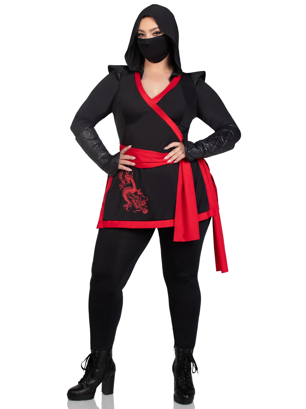 Plus Size 4 PC Ninja Assassin Costume, Includes Hooded Cross Body Top with Dragon Accent and Attached Sash, Pants, Arm Gauntlets, and Face Mask