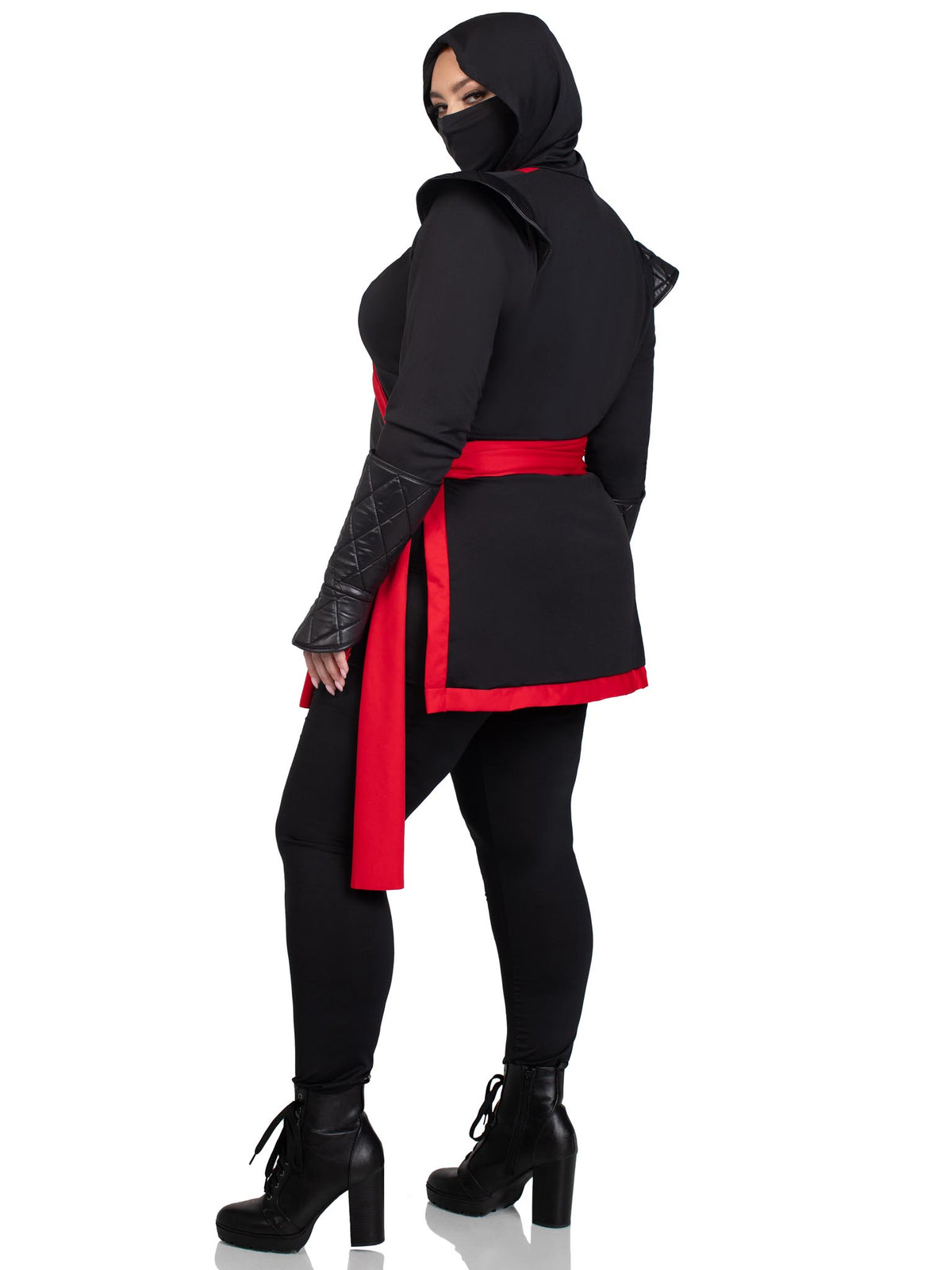 Plus Size 4 PC Ninja Assassin Costume, Includes Hooded Cross Body Top with Dragon Accent and Attached Sash, Pants, Arm Gauntlets, and Face Mask