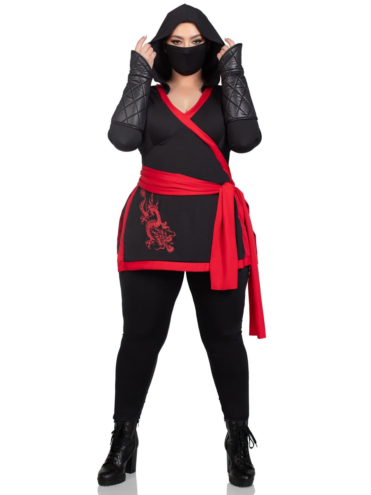 Plus Size 4 PC Ninja Assassin Costume, Includes Hooded Cross Body Top with Dragon Accent and Attached Sash, Pants, Arm Gauntlets, and Face Mask