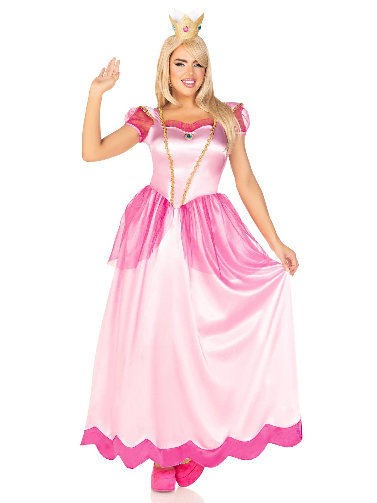 2 PC Classic Pink Princess Costume, Includes Long Satin Gown with Iridescent Glitter Tulle Pannier Accents and Crown Headband
