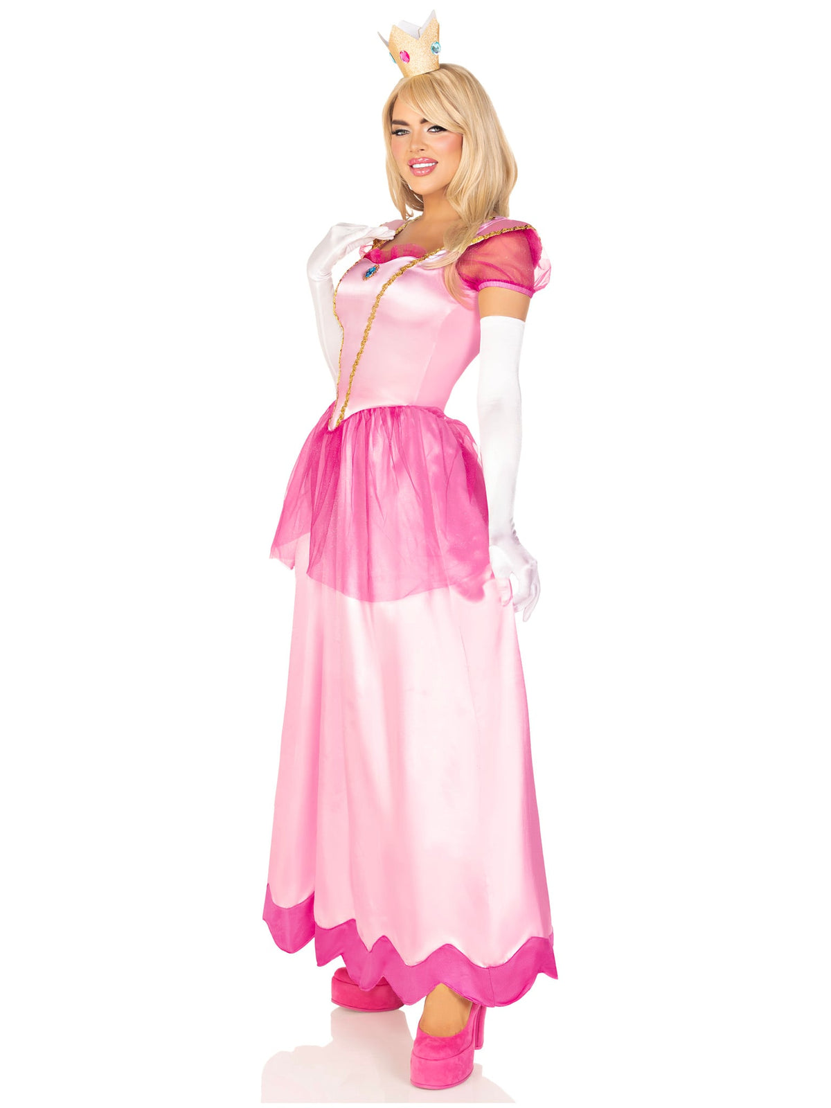 2 PC Classic Pink Princess Costume, Includes Long Satin Gown with Iridescent Glitter Tulle Pannier Accents and Crown Headband