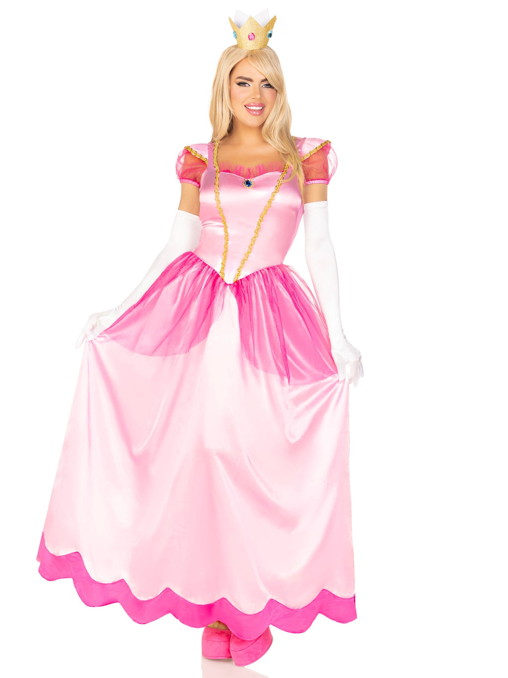 2 PC Classic Pink Princess Costume, Includes Long Satin Gown with Iridescent Glitter Tulle Pannier Accents and Crown Headband