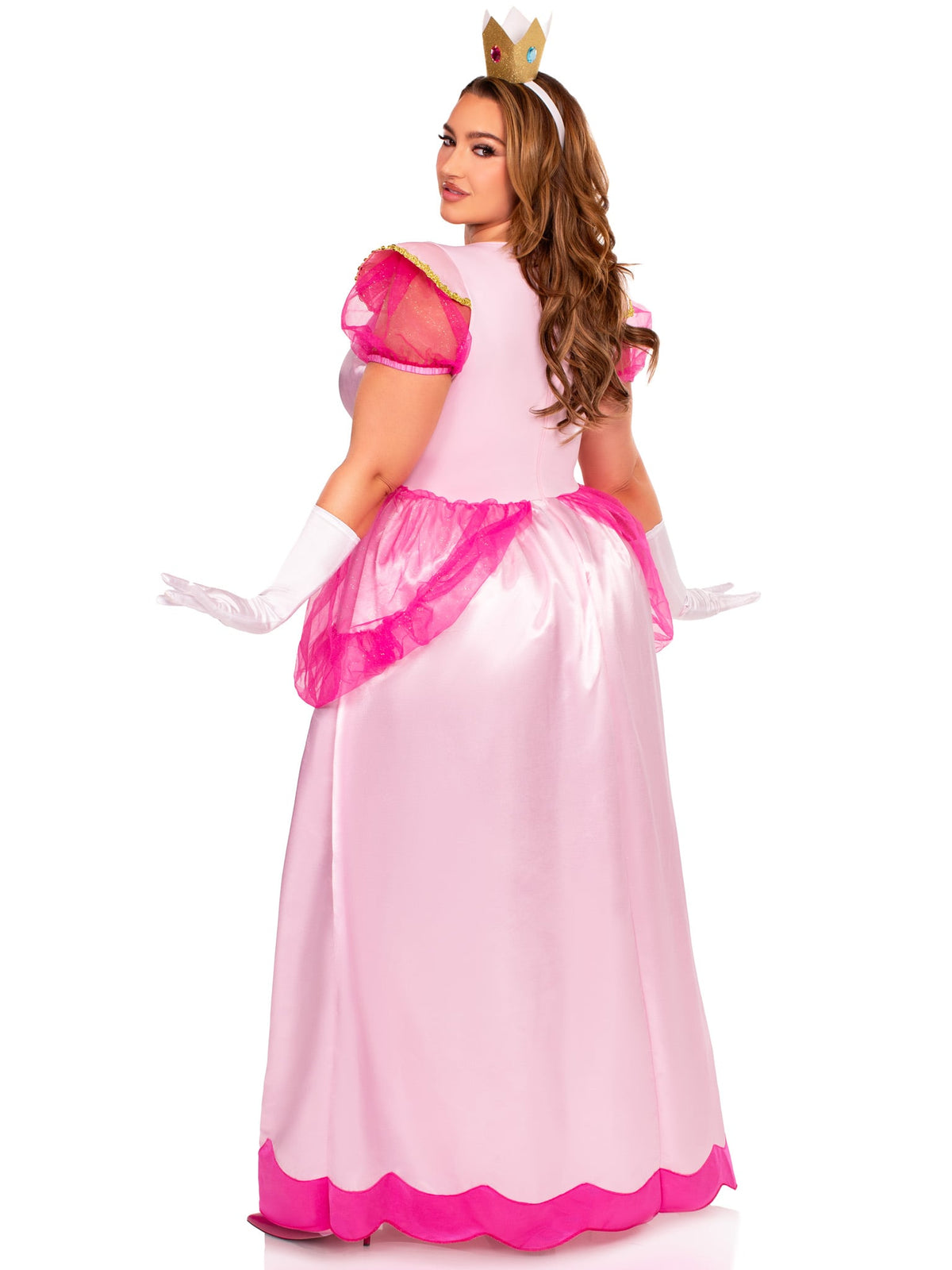 Plus Size 3 PC Classic Pink Princess Costume, includes Long Satin Gown with Iridescent Glitter Tulle Pannier Accents, Petticoat, and Crown Headband