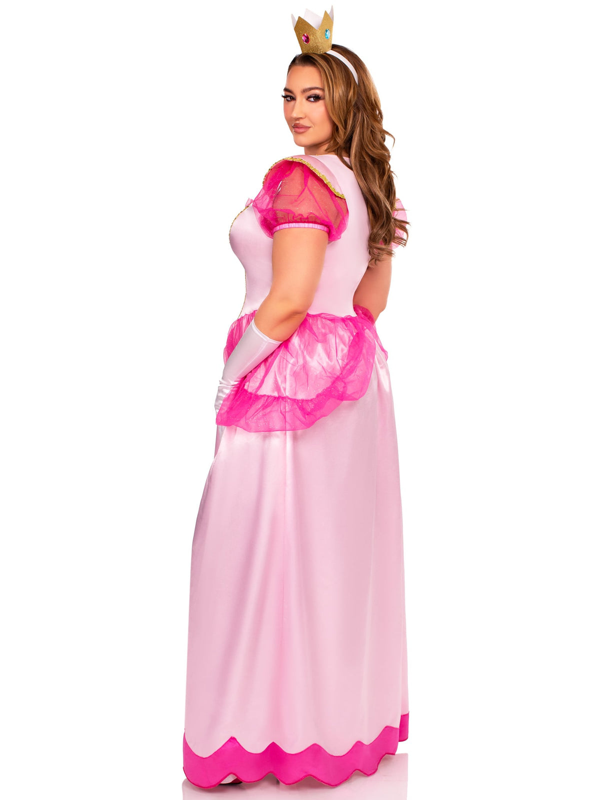 Plus Size 3 PC Classic Pink Princess Costume, includes Long Satin Gown with Iridescent Glitter Tulle Pannier Accents, Petticoat, and Crown Headband