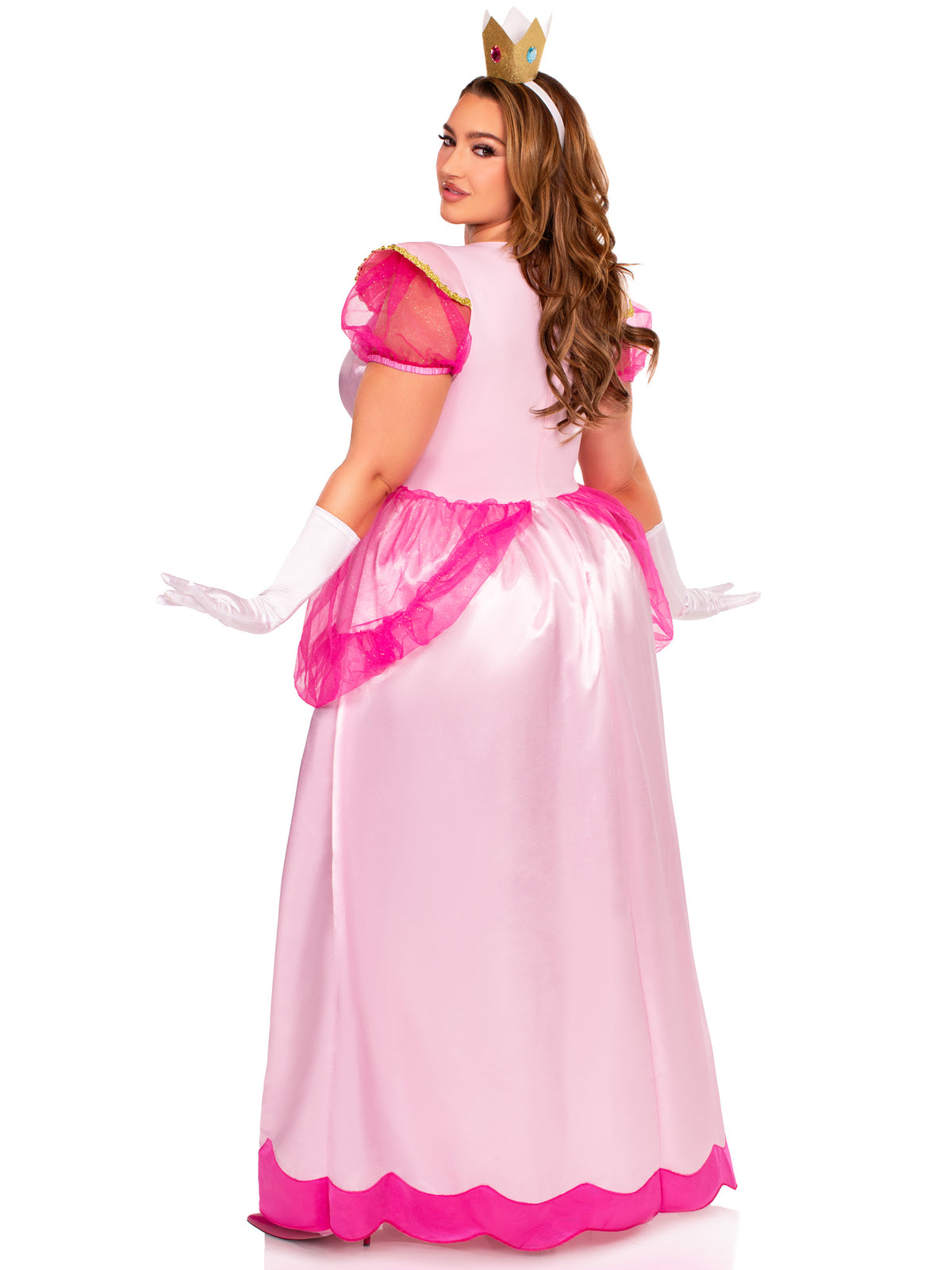 Plus Size 3 PC Classic Pink Princess Costume, includes Long Satin Gown with Iridescent Glitter Tulle Pannier Accents, Petticoat, and Crown Headband