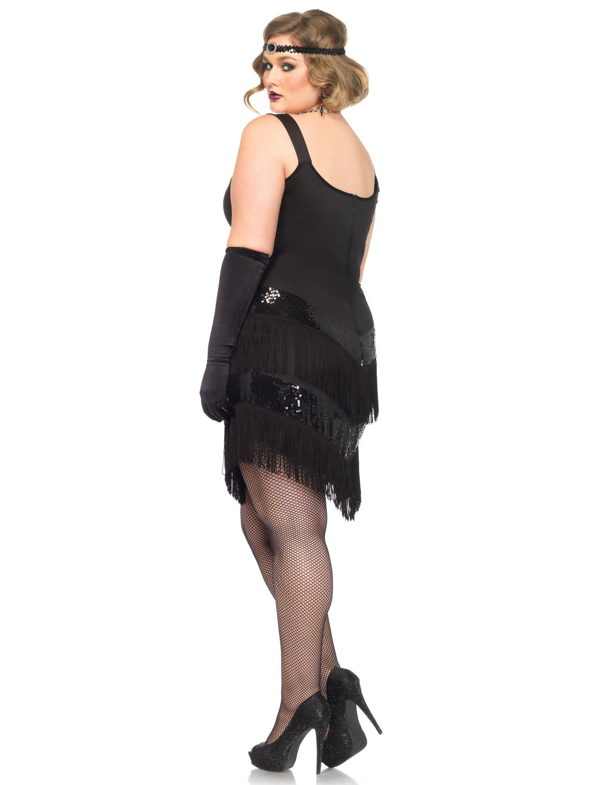 Plus Size 2 PC Glamour Flapper Costume, Includes Sequin Dress with Fringe Detail and Jewel Headband