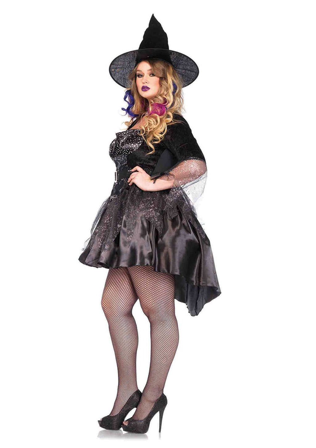 Plus Size 2 PC Black Magic Mistress Costume, Includes High/Low Dress with Foil Star Ruched Bodice and Tattered Glitter Tulle Skirt Accent, Attached Sequin Belt, and Matching Hat