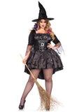 Plus Size 2 PC Black Magic Mistress Costume, Includes High/Low Dress with Foil Star Ruched Bodice and Tattered Glitter Tulle Skirt Accent, Attached Sequin Belt, and Matching Hat
