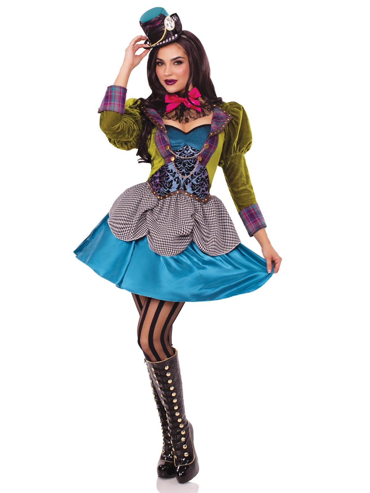 3 PC Deluxe Mad Hatter Costume, Includes High/Low Velvet and Satin Coat Dress with Houndstooth Pickups and Brocade Panel Detail, Lace Ruffle Neck Piece, and Mini Clock Top Hat
