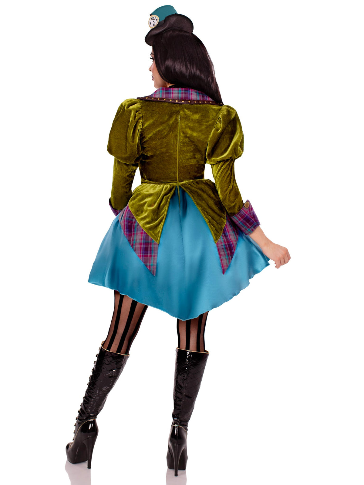3 PC Deluxe Mad Hatter Costume, Includes High/Low Velvet and Satin Coat Dress with Houndstooth Pickups and Brocade Panel Detail, Lace Ruffle Neck Piece, and Mini Clock Top Hat