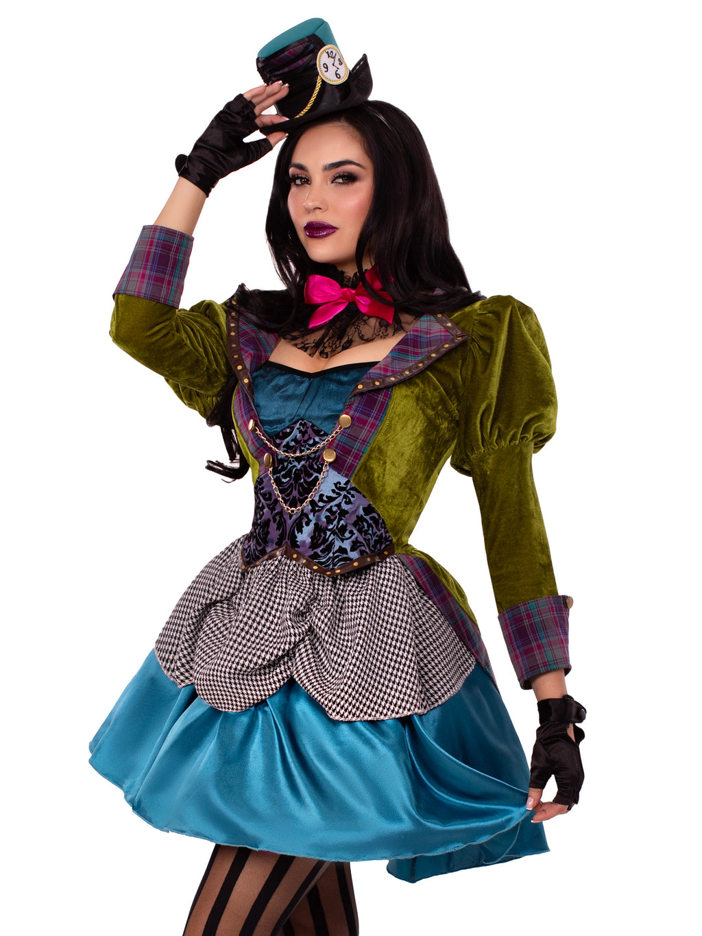 3 PC Deluxe Mad Hatter Costume, Includes High/Low Velvet and Satin Coat Dress with Houndstooth Pickups and Brocade Panel Detail, Lace Ruffle Neck Piece, and Mini Clock Top Hat