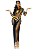 3 PC Nile Queen Costume, Includes Gold Shimmer Catsuit, Striped Cut Out Dress with Jewel Collar, and Matching Draped Head Piece