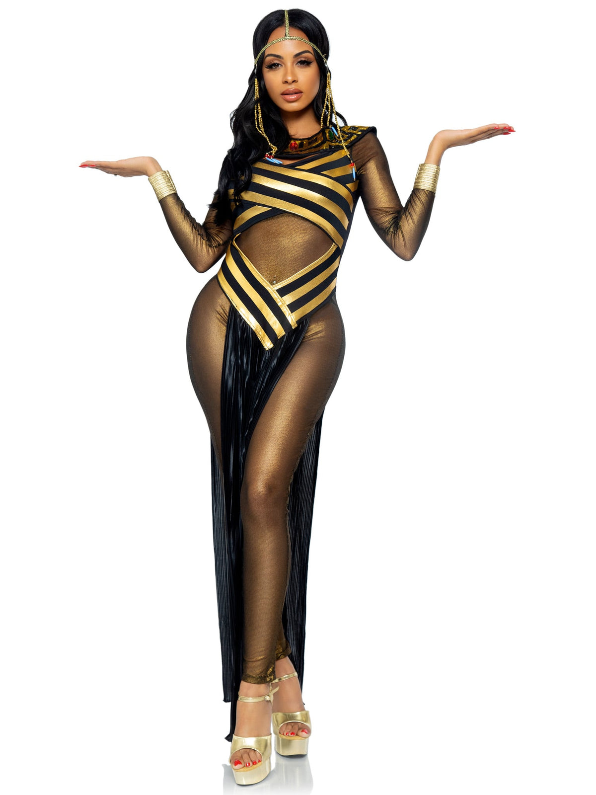 3 PC Nile Queen Costume, Includes Gold Shimmer Catsuit, Striped Cut Out Dress with Jewel Collar, and Matching Draped Head Piece