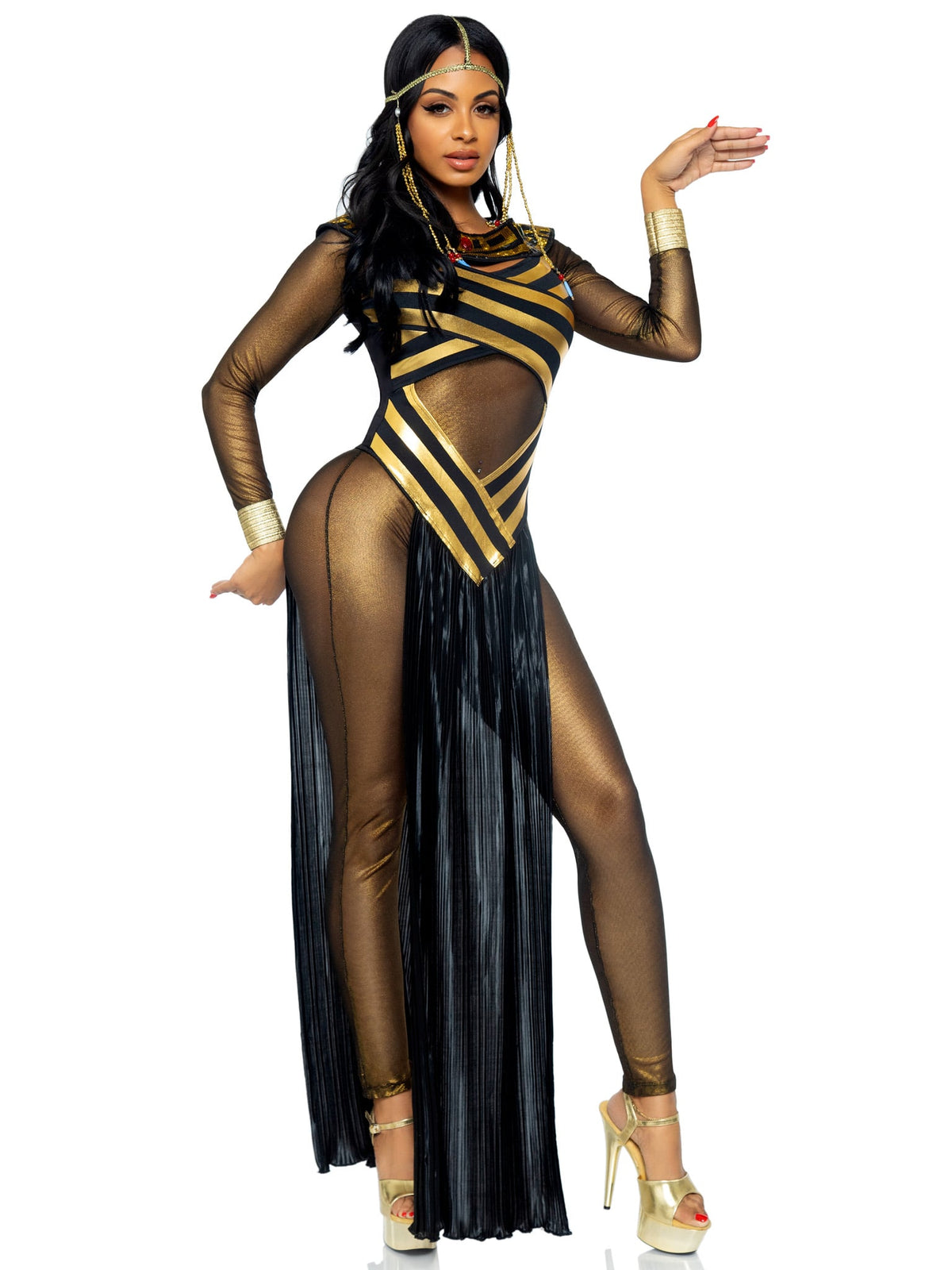 3 PC Nile Queen Costume, Includes Gold Shimmer Catsuit, Striped Cut Out Dress with Jewel Collar, and Matching Draped Head Piece