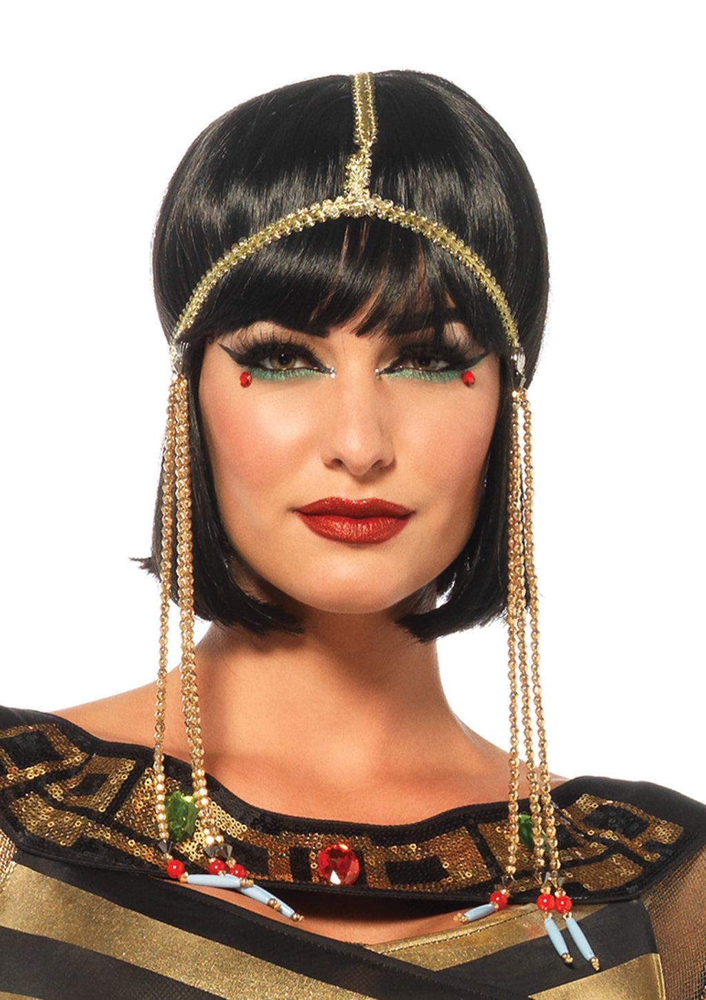 3 PC Nile Queen Costume, Includes Gold Shimmer Catsuit, Striped Cut Out Dress with Jewel Collar, and Matching Draped Head Piece