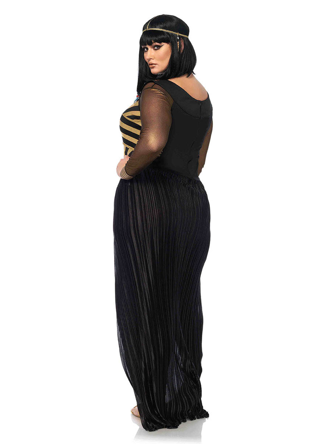 Plus Size 3 PC Nile Queen Costume, Includes Gold Shimmer Catsuit, Striped Cut Out Dress with Jewel Collar, and Matching Draped Head Piece