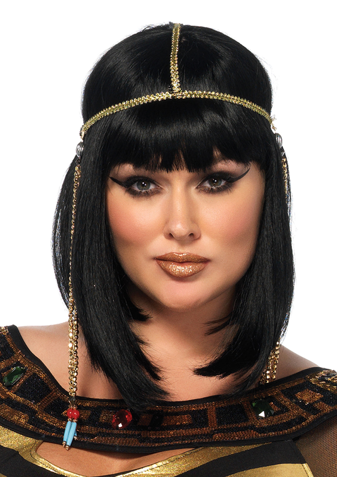 Plus Size 3 PC Nile Queen Costume, Includes Gold Shimmer Catsuit, Striped Cut Out Dress with Jewel Collar, and Matching Draped Head Piece