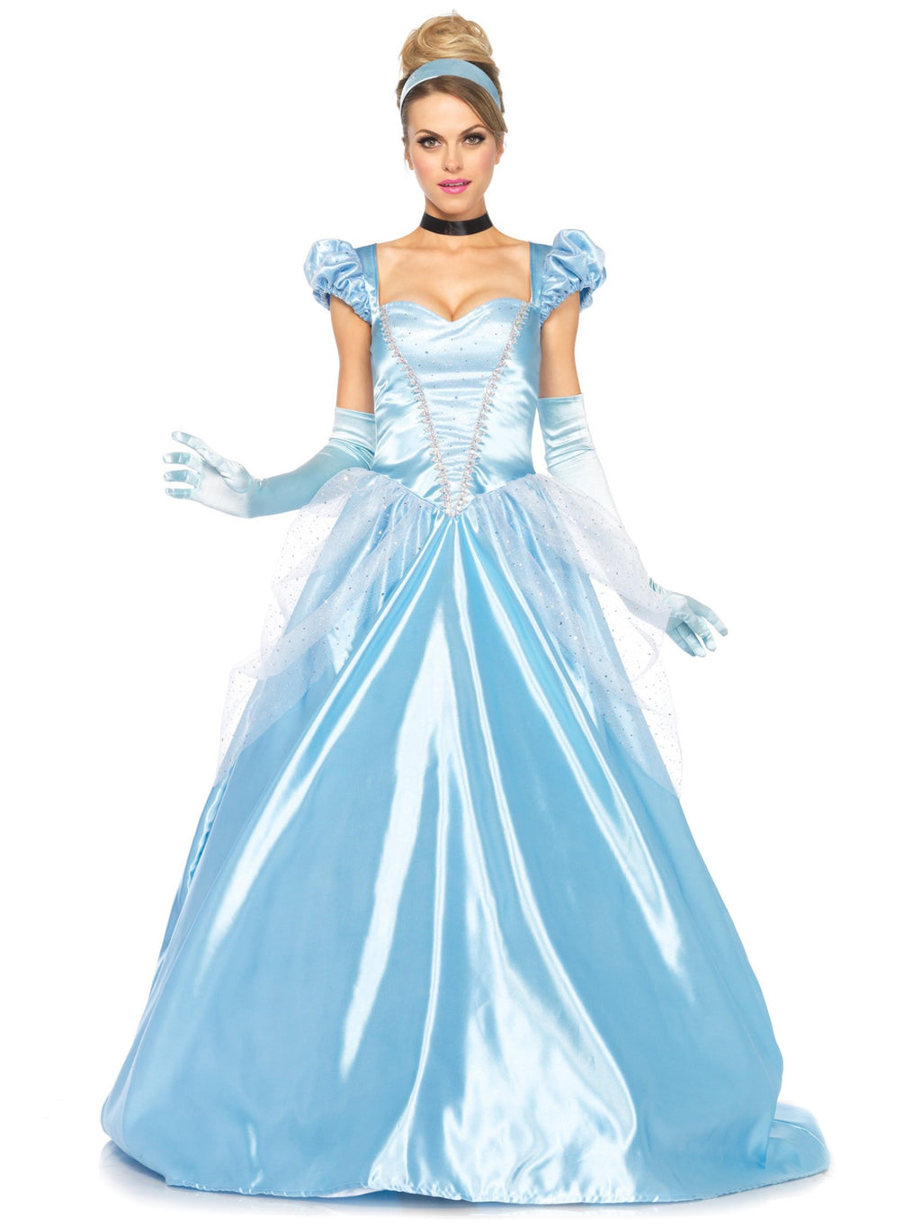 3 PC Classic Cinderella Costume, Includes Long Satin Ball Gown with Glitter Tulle Accents, Satin Choker, and Headband