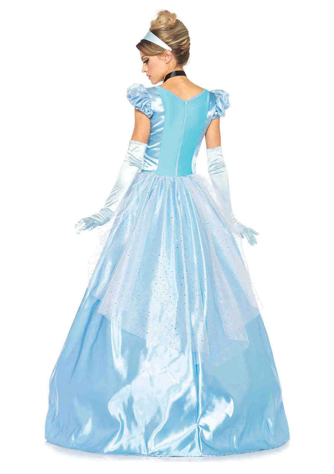 3 PC Classic Cinderella Costume, Includes Long Satin Ball Gown with Glitter Tulle Accents, Satin Choker, and Headband