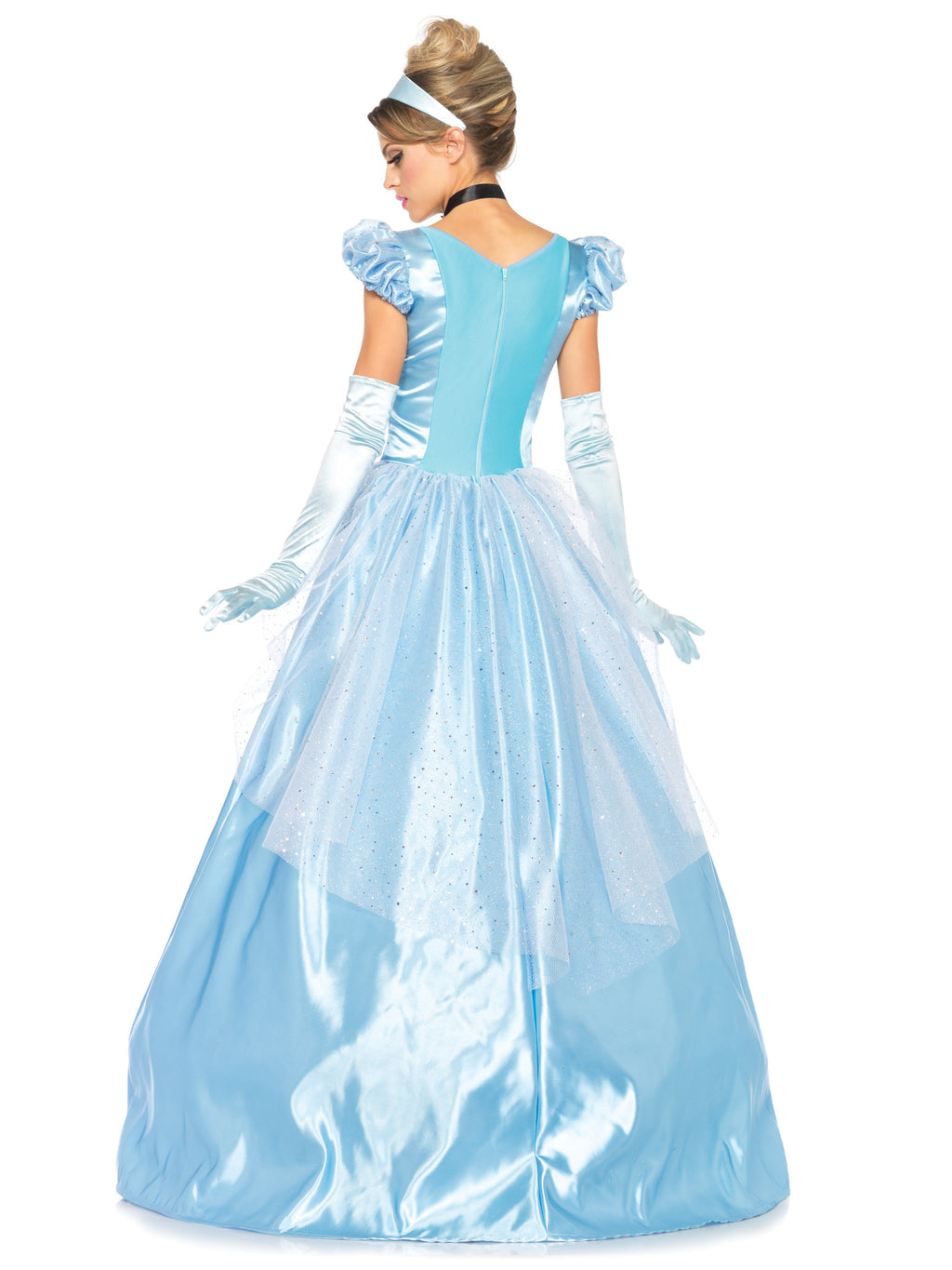 3 PC Classic Cinderella Costume, Includes Long Satin Ball Gown with Glitter Tulle Accents, Satin Choker, and Headband