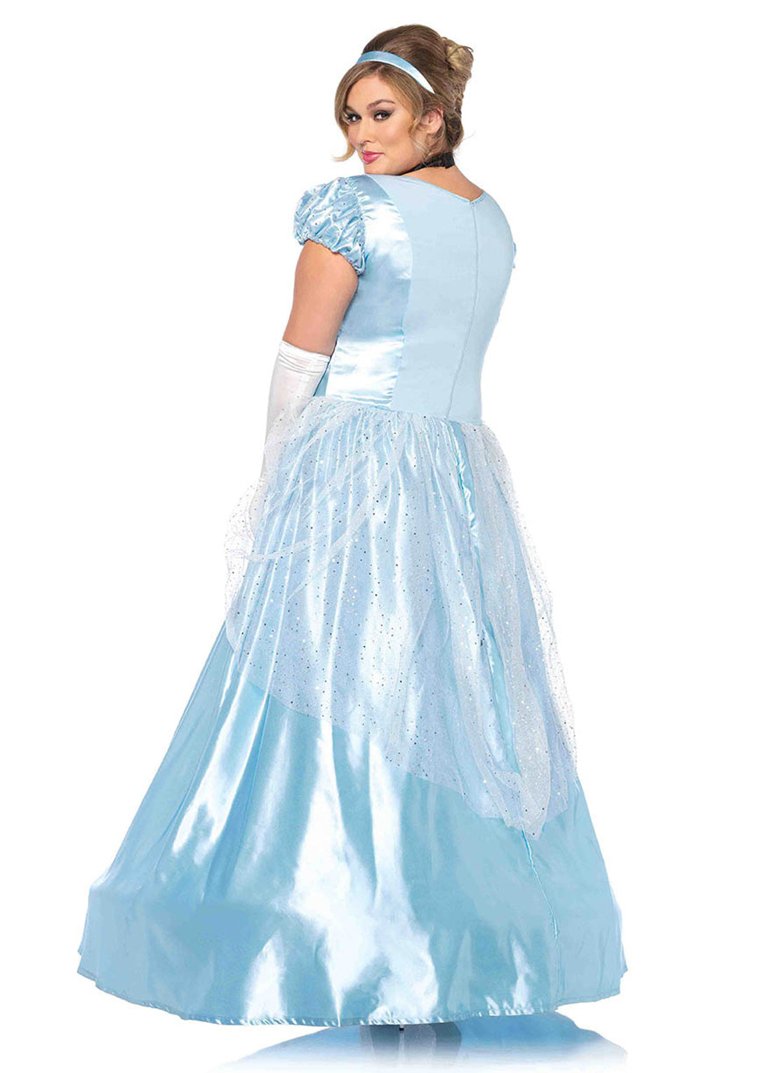 Plus Size 3 PC Classic Cinderella Costume, Includes Long Satin Ball Gown with Glitter Tulle Accents, Satin Choker, and Headband