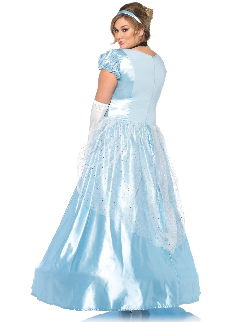 Plus Size 3 PC Classic Cinderella Costume, Includes Long Satin Ball Gown with Glitter Tulle Accents, Satin Choker, and Headband