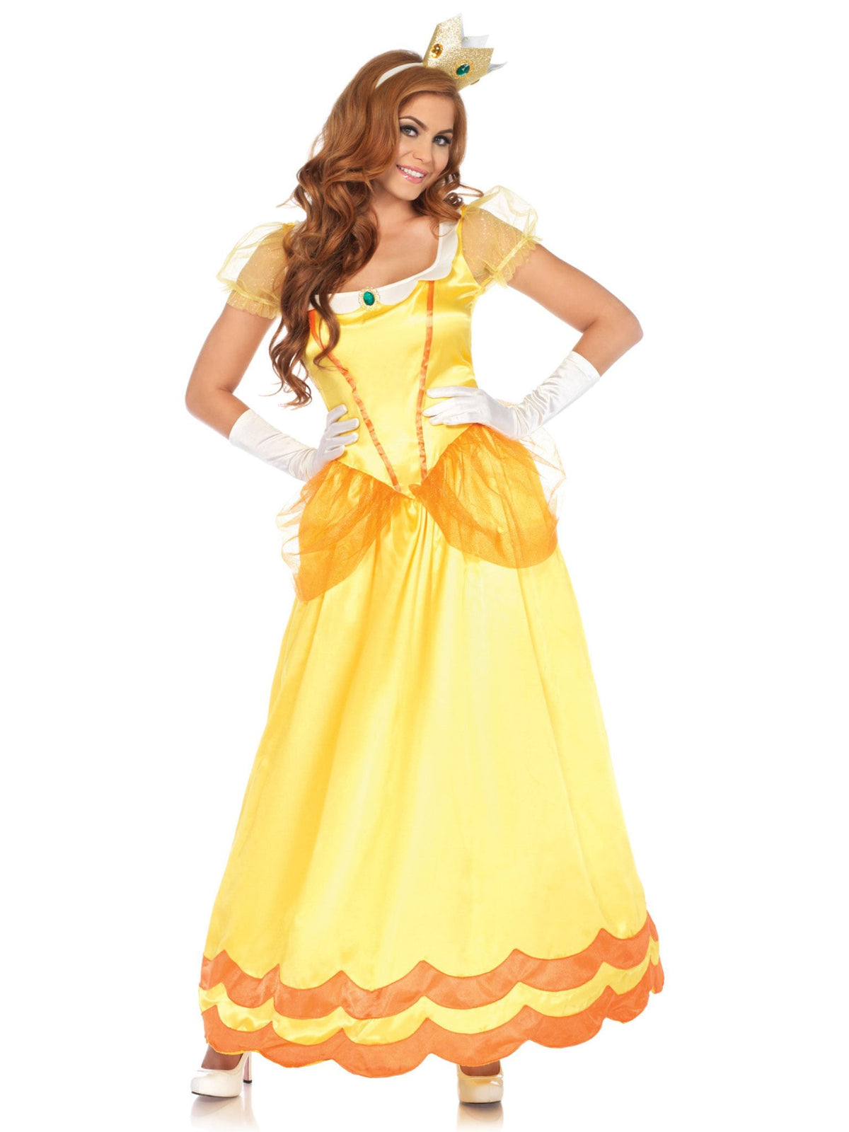 2 PC Classic Sunflower Princess Costume, Includes Long Satin Gown with Glitter Tulle Pannier Accents and Jewel Crown