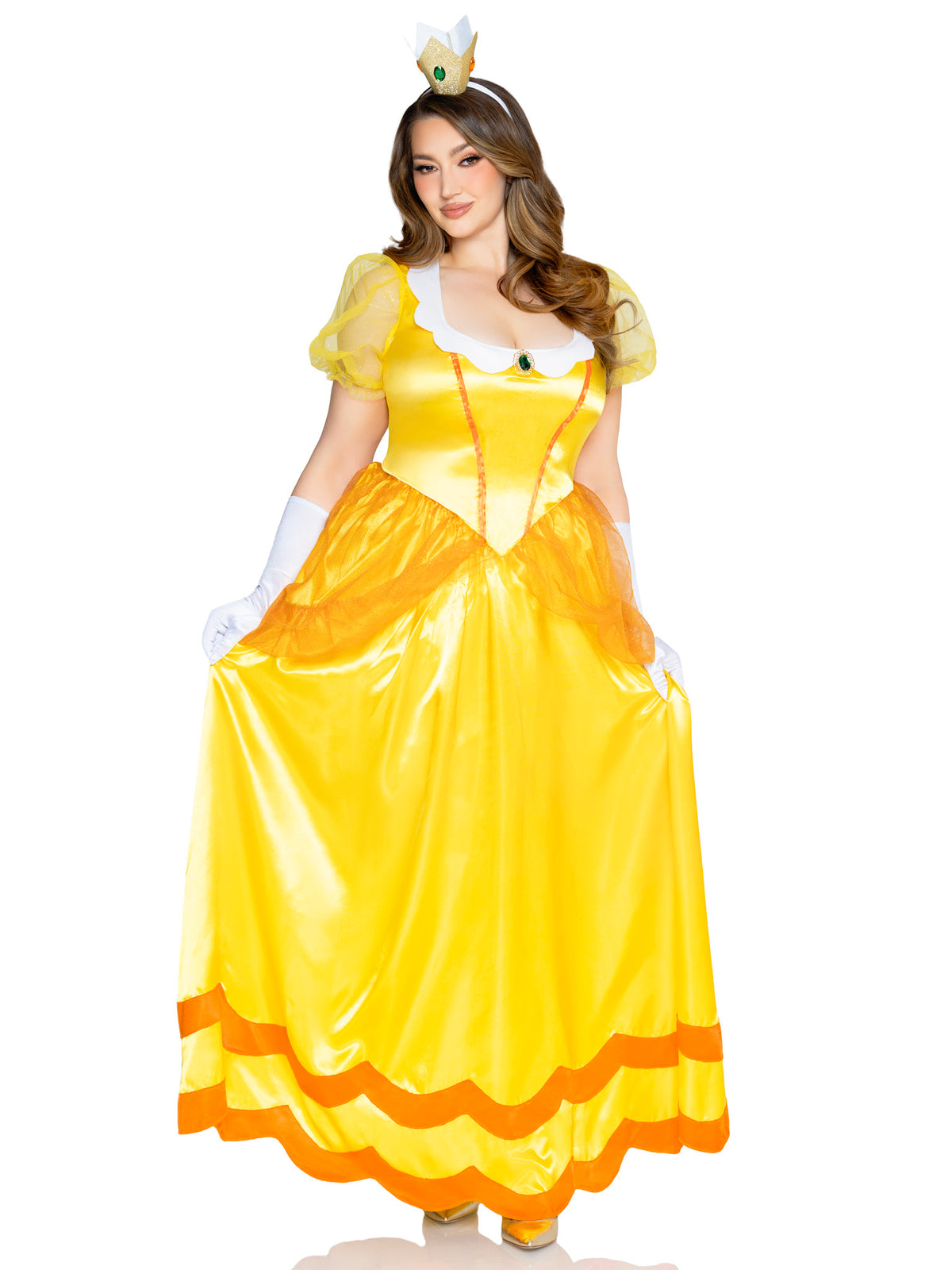 Plus Size 3 PC Classic Sunflower Princess Costume, Includes Long Satin Gown with Iridescent Glitter Tulle Pannier Accents, Petticoat, and Crown Headband
