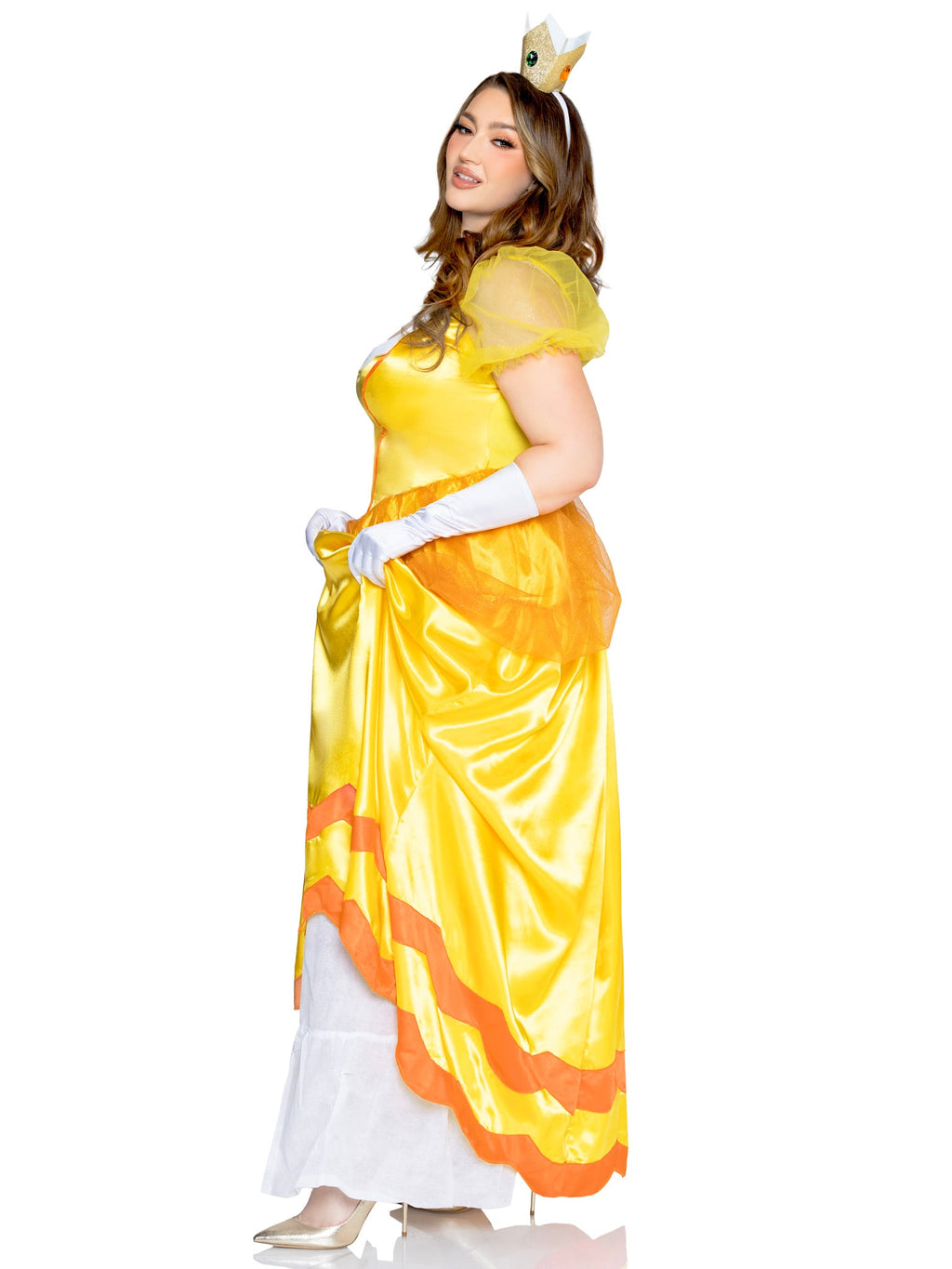 Plus Size 3 PC Classic Sunflower Princess Costume, Includes Long Satin Gown with Iridescent Glitter Tulle Pannier Accents, Petticoat, and Crown Headband