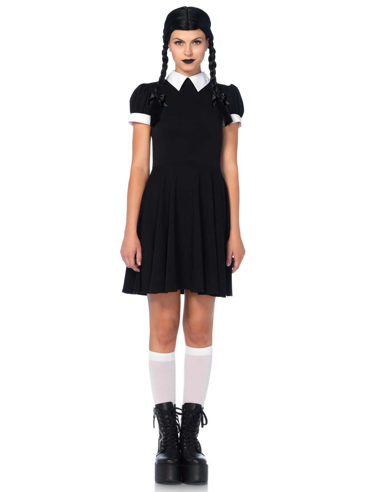 2 PC Gothic Darling Costume, Includes Classic Collared Dress and Braided Wig with Satin Hair Bows